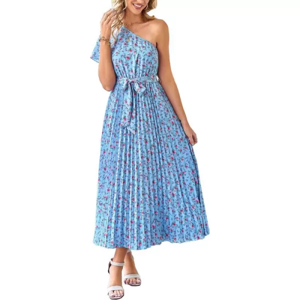 imageBTFBM Womens 2023 Boho Summer One Shoulder Maxi Dresses Short Sleeve Floral Solid Belted Pleated Wedding Guest DressFloral Blue