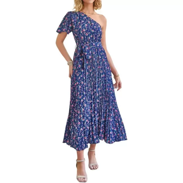 imageBTFBM Womens 2023 Boho Summer One Shoulder Maxi Dresses Short Sleeve Floral Solid Belted Pleated Wedding Guest DressFloral Navy