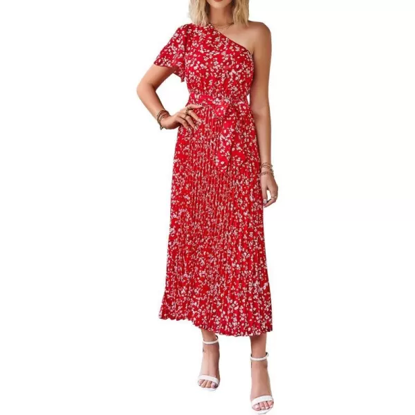 imageBTFBM Womens 2023 Boho Summer One Shoulder Maxi Dresses Short Sleeve Floral Solid Belted Pleated Wedding Guest DressFloral Red