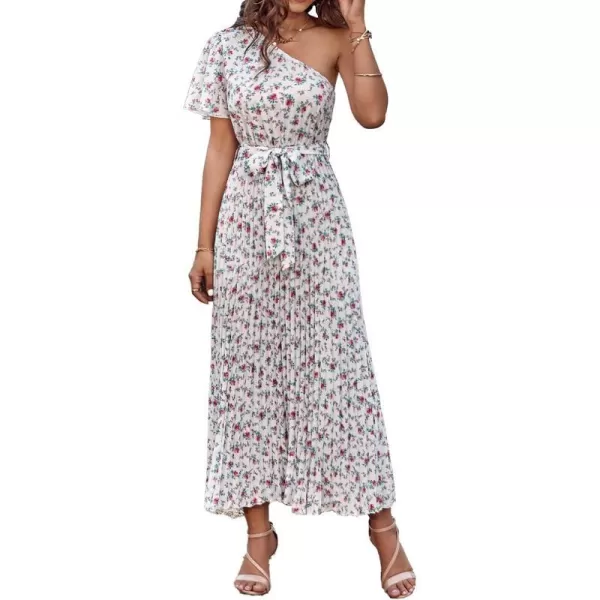 imageBTFBM Womens 2023 Boho Summer One Shoulder Maxi Dresses Short Sleeve Floral Solid Belted Pleated Wedding Guest DressFloral White