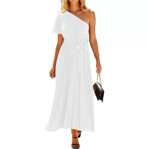 imageBTFBM Womens 2023 Boho Summer One Shoulder Maxi Dresses Short Sleeve Floral Solid Belted Pleated Wedding Guest DressSolid White