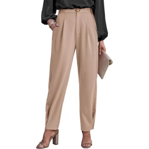 imageBTFBM Womens 2023 Casual Button Down Pants Elastic High Waist Business Work Trousers Long Straight Slacks with PocketsSolid Beige