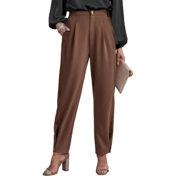imageBTFBM Womens 2023 Casual Button Down Pants Elastic High Waist Business Work Trousers Long Straight Slacks with PocketsSolid Brown