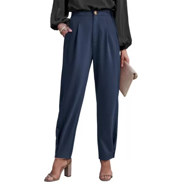 imageBTFBM Womens 2023 Casual Button Down Pants Elastic High Waist Business Work Trousers Long Straight Slacks with PocketsSolid Dark Blue