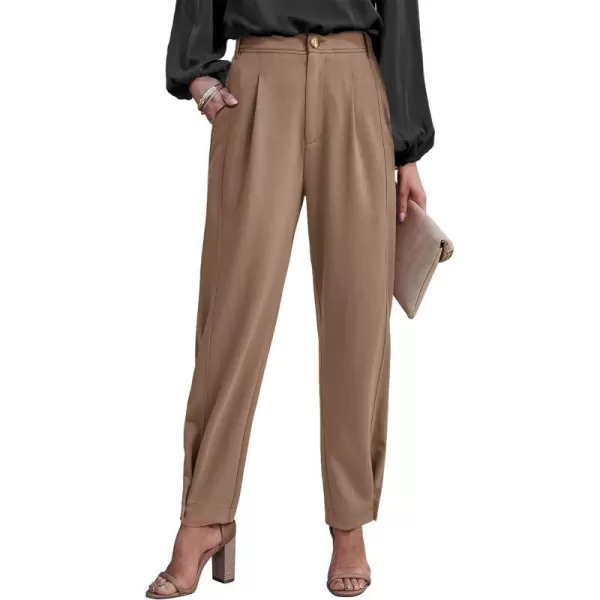imageBTFBM Womens 2023 Casual Button Down Pants Elastic High Waist Business Work Trousers Long Straight Slacks with PocketsSolid Khaki