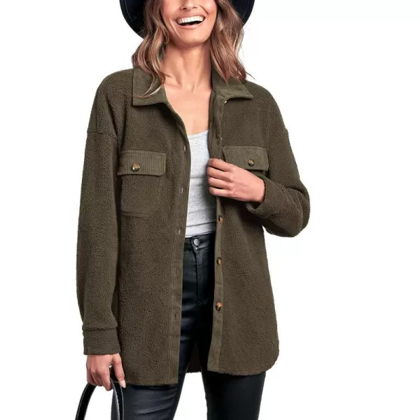imageBTFBM Womens 2023 Fall Winter Button Down Shirts Sherpa Jacket Warm Long Sleeve Outerwear Faux Fur Shacket with PocketsSolid Army Green