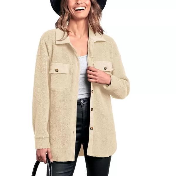 imageBTFBM Womens 2023 Fall Winter Button Down Shirts Sherpa Jacket Warm Long Sleeve Outerwear Faux Fur Shacket with PocketsSolid Beige
