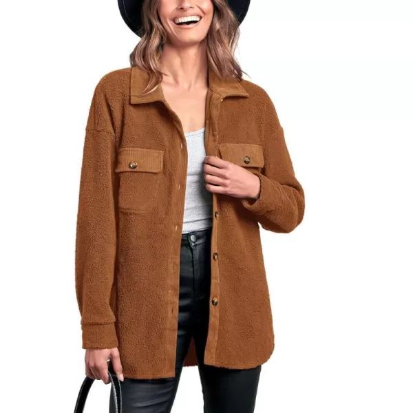 imageBTFBM Womens 2023 Fall Winter Button Down Shirts Sherpa Jacket Warm Long Sleeve Outerwear Faux Fur Shacket with PocketsSolid Golden Camel
