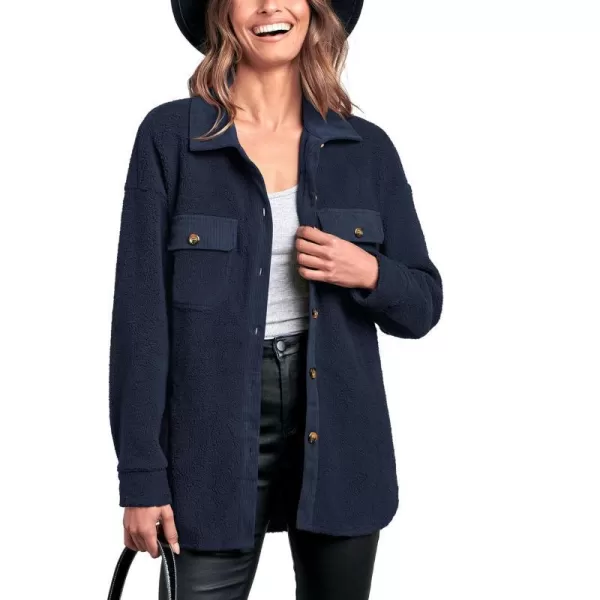 imageBTFBM Womens 2023 Fall Winter Button Down Shirts Sherpa Jacket Warm Long Sleeve Outerwear Faux Fur Shacket with PocketsSolid Navy