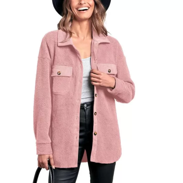 imageBTFBM Womens 2023 Fall Winter Button Down Shirts Sherpa Jacket Warm Long Sleeve Outerwear Faux Fur Shacket with PocketsSolid Pink