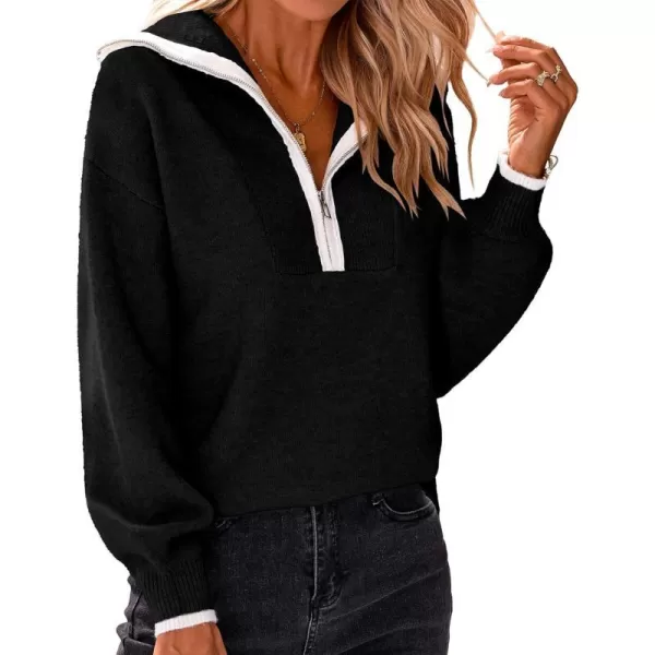 imageBTFBM Womens 2023 Fall Winter Half Zip Pullover Sweaters Casual V Neck Long Sleeve Ribbed Knit Loose Jumper TopsSolid Black