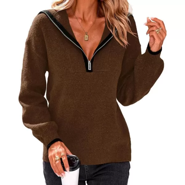 imageBTFBM Womens 2023 Fall Winter Half Zip Pullover Sweaters Casual V Neck Long Sleeve Ribbed Knit Loose Jumper TopsSolid Coffee