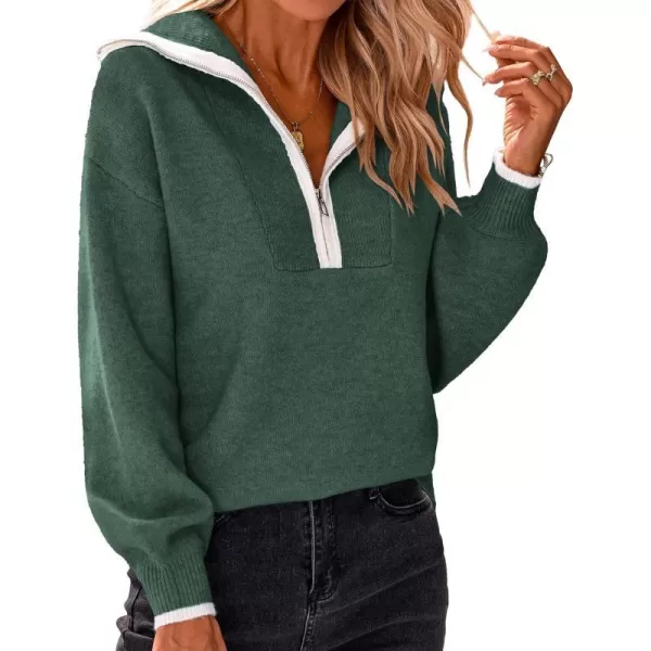 imageBTFBM Womens 2023 Fall Winter Half Zip Pullover Sweaters Casual V Neck Long Sleeve Ribbed Knit Loose Jumper TopsSolid Dark Green