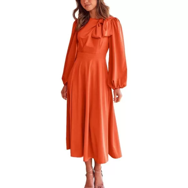 imageBTFBM Womens 2023 Formal Maxi Dress Puff Long Sleeve Crewneck Bow Tie ALine Long Flowy Wedding Guest Party DressesSolid Orange