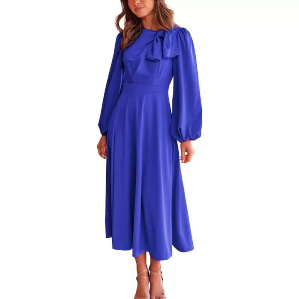 imageBTFBM Womens 2023 Formal Maxi Dress Puff Long Sleeve Crewneck Bow Tie ALine Long Flowy Wedding Guest Party DressesSolid Royal Blue