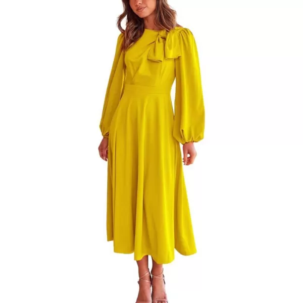 imageBTFBM Womens 2023 Formal Maxi Dress Puff Long Sleeve Crewneck Bow Tie ALine Long Flowy Wedding Guest Party DressesSolid Yellow
