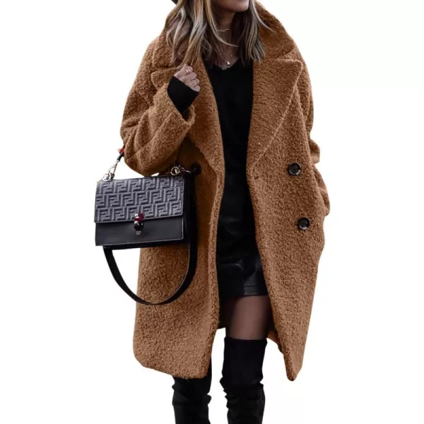imageBTFBM Womens 2023 Fuzzy Fleece Winter Coat Lapel Long Sleeve Button Down Warm Faux Fur Outwear Sherpa Jacket CardiganSolid Golden Camel