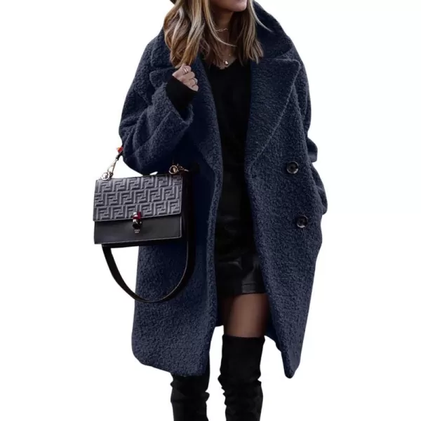imageBTFBM Womens 2023 Fuzzy Fleece Winter Coat Lapel Long Sleeve Button Down Warm Faux Fur Outwear Sherpa Jacket CardiganSolid Navy
