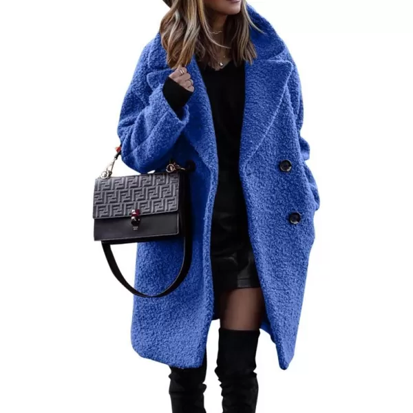 imageBTFBM Womens 2023 Fuzzy Fleece Winter Coat Lapel Long Sleeve Button Down Warm Faux Fur Outwear Sherpa Jacket CardiganSolid Royal Blue
