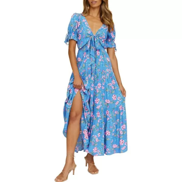 imageBTFBM Womens 2023 Summer Boho Dress Tie Front Deep V Neck Cutout Short Sleeve Floral Casual Party Beach Maxi DressesFloral Blue Pink