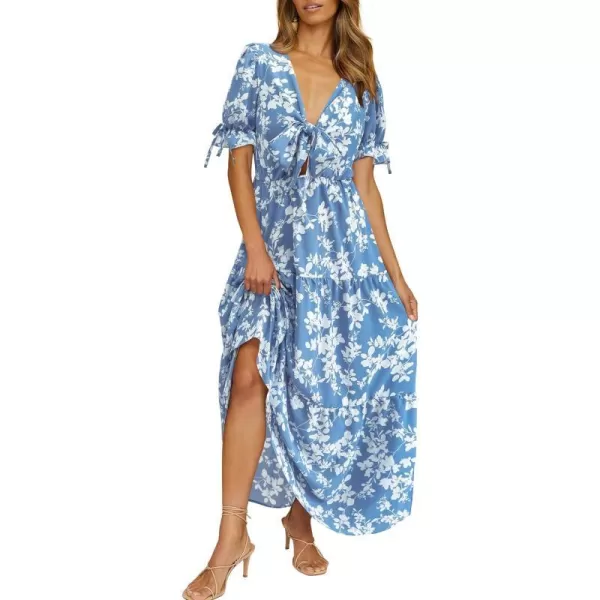 imageBTFBM Womens 2023 Summer Boho Dress Tie Front Deep V Neck Cutout Short Sleeve Floral Casual Party Beach Maxi DressesWhite Branch Blue