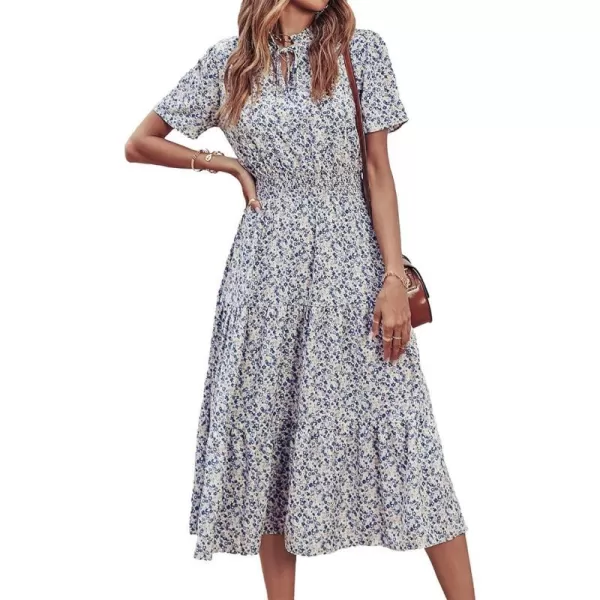 imageBTFBM Womens 2023 Summer Casual Boho Dress Floral Print Tie V Neck Short Sleeve Elastic Waist ALine Midi Beach DressesFloral Apricot Blue
