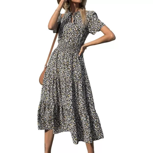 imageBTFBM Womens 2023 Summer Casual Boho Dress Floral Print Tie V Neck Short Sleeve Elastic Waist ALine Midi Beach DressesFloral Black