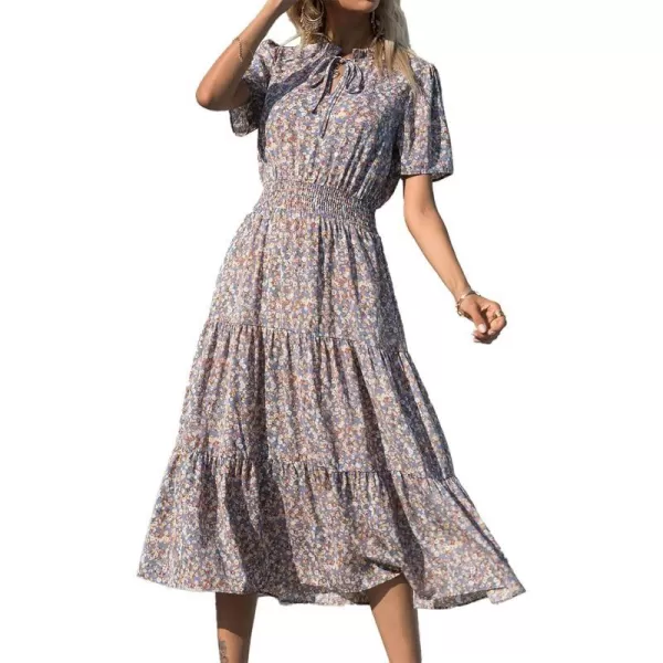 imageBTFBM Womens 2023 Summer Casual Boho Dress Floral Print Tie V Neck Short Sleeve Elastic Waist ALine Midi Beach DressesFloral Blue