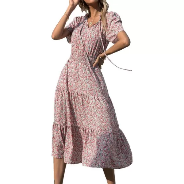 imageBTFBM Womens 2023 Summer Casual Boho Dress Floral Print Tie V Neck Short Sleeve Elastic Waist ALine Midi Beach DressesFloral Green