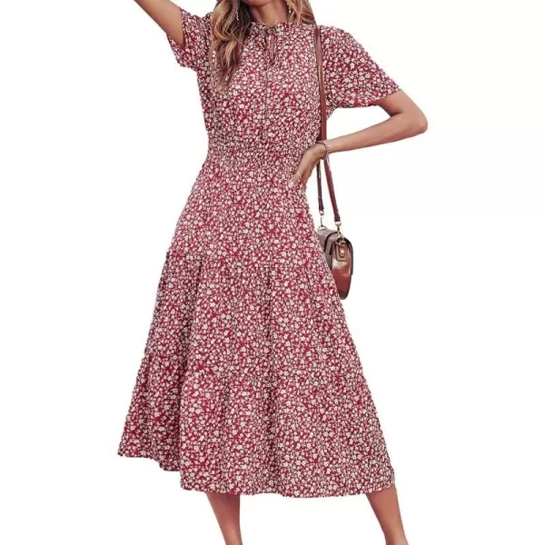 imageBTFBM Womens 2023 Summer Casual Boho Dress Floral Print Tie V Neck Short Sleeve Elastic Waist ALine Midi Beach DressesFloral Wine Red White