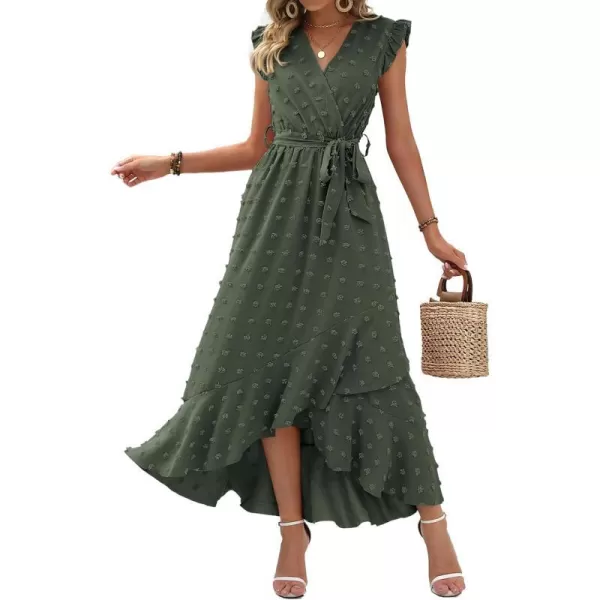 imageBTFBM Womens 2023 Summer Wrap V Neck Dress Ruffle Sleeve Swiss Dot Boho Ruffle Slit Beach Party Flowy Long Maxi DressesSwiss Dot Army Green