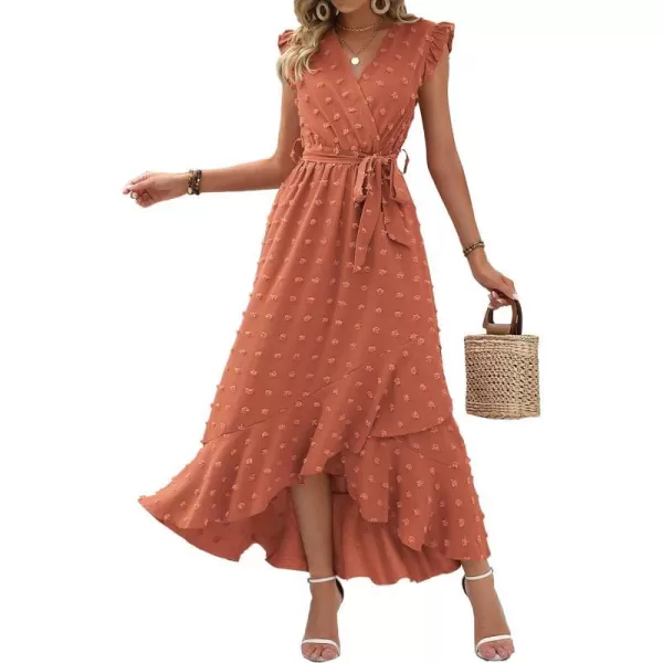 imageBTFBM Womens 2023 Summer Wrap V Neck Dress Ruffle Sleeve Swiss Dot Boho Ruffle Slit Beach Party Flowy Long Maxi DressesSwiss Dot Orange Red