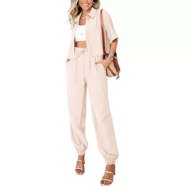 imageBTFBM Womens 2024 Summer 2 Piece Outfits Tracksuit Short Sleeve Cropped Button Down Shirt Long Pant Lounge Matching SetSolid Beige