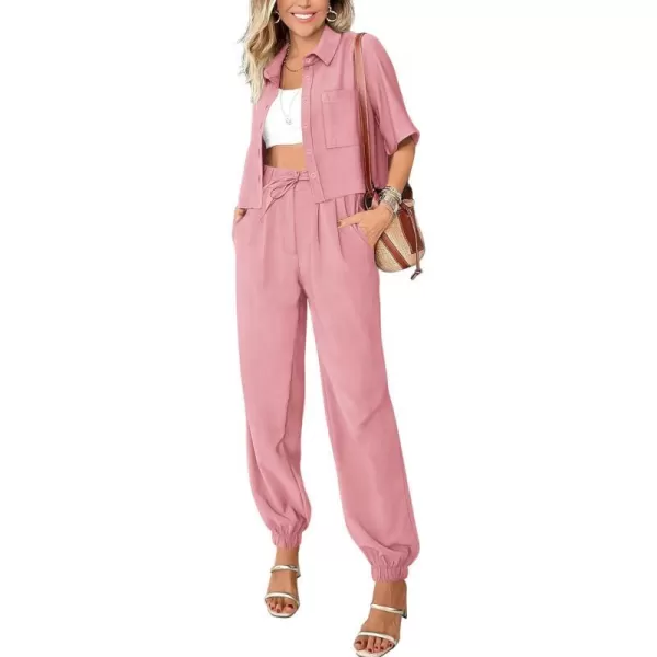 imageBTFBM Womens 2024 Summer 2 Piece Outfits Tracksuit Short Sleeve Cropped Button Down Shirt Long Pant Lounge Matching SetSolid Pink