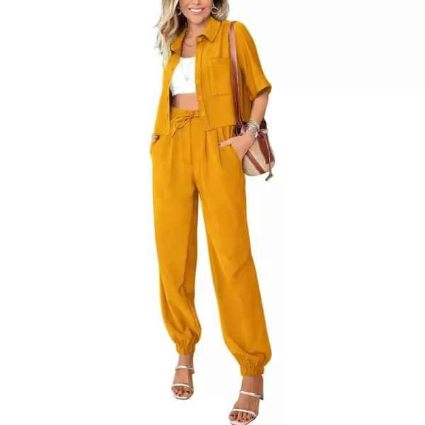 imageBTFBM Womens 2024 Summer 2 Piece Outfits Tracksuit Short Sleeve Cropped Button Down Shirt Long Pant Lounge Matching SetSolid Turmeric