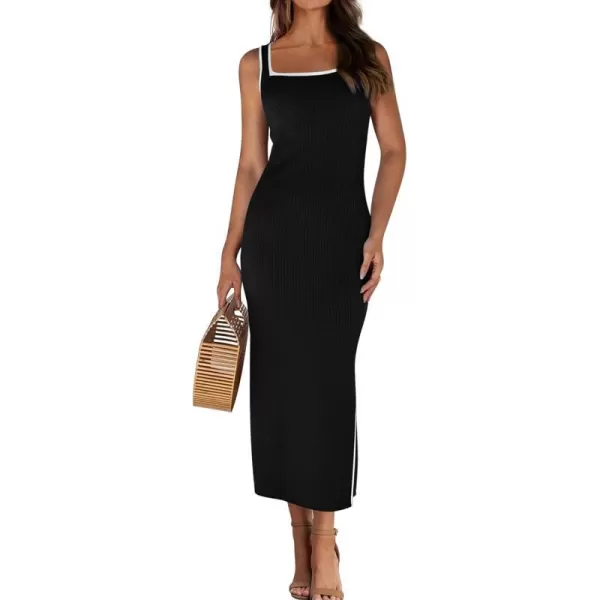 imageBTFBM Womens 2024 Summer Knit Bodycon Maxi Dress Sleeveless Square Neck Slit Tank Party Club Ribbed Sweater DressesSolid Black