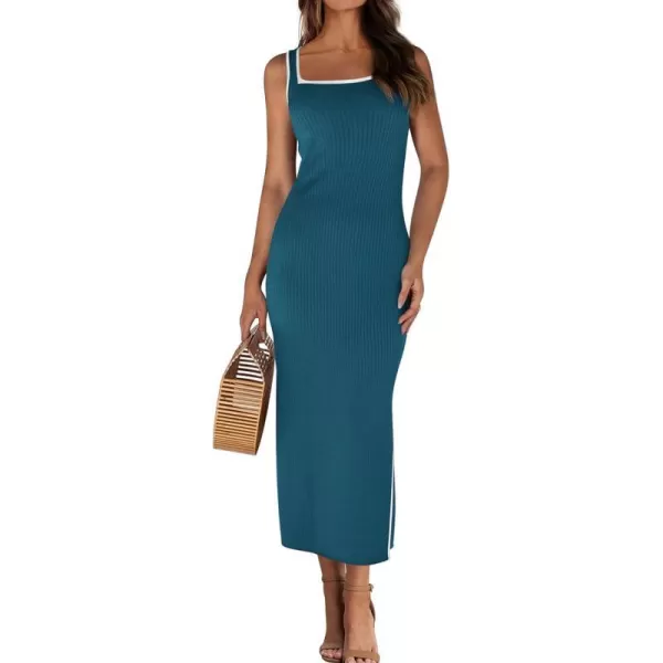 imageBTFBM Womens 2024 Summer Knit Bodycon Maxi Dress Sleeveless Square Neck Slit Tank Party Club Ribbed Sweater DressesSolid Dark Blue