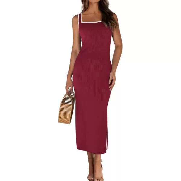 imageBTFBM Womens 2024 Summer Knit Bodycon Maxi Dress Sleeveless Square Neck Slit Tank Party Club Ribbed Sweater DressesSolid Wine Red