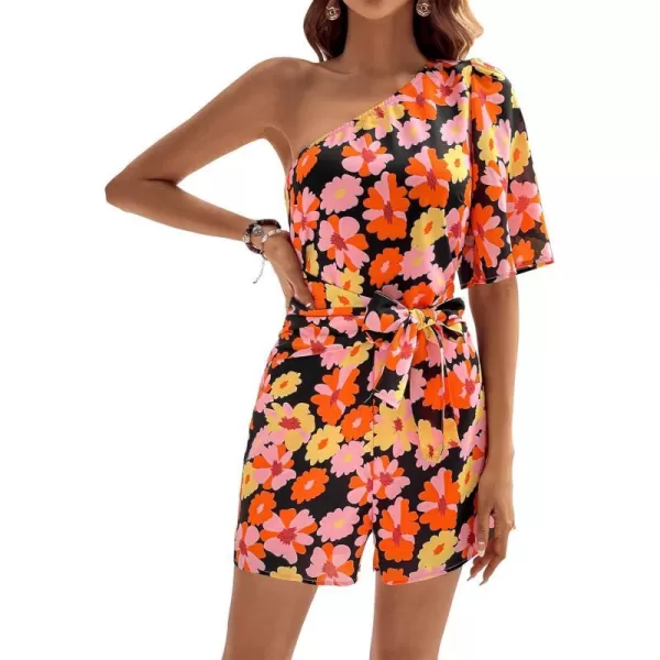 imageBTFBM Womens 2024 Summer One Shoulder Romper Short Sleeve Boho Floral Print Tie Waist Party Beach Casual Short JumpsuitsFloral Orange