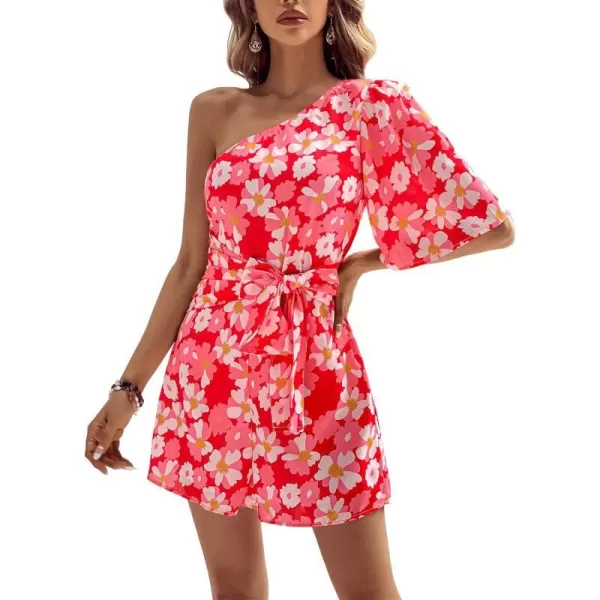imageBTFBM Womens 2024 Summer One Shoulder Romper Short Sleeve Boho Floral Print Tie Waist Party Beach Casual Short JumpsuitsFloral Red