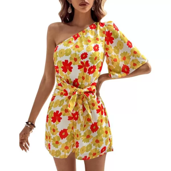 imageBTFBM Womens 2024 Summer One Shoulder Romper Short Sleeve Boho Floral Print Tie Waist Party Beach Casual Short JumpsuitsFloral Yellow