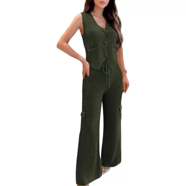 imageBTFBM Womens 2024 Summer Track Suits 2 Piece Outfits Matching Sets Ribbed Knit Button Down Cropped Vest Wide Leg PantsSolid Army Green