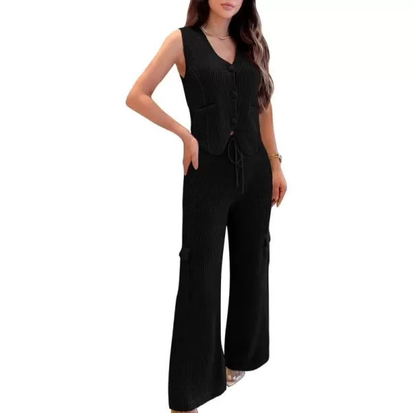 imageBTFBM Womens 2024 Summer Track Suits 2 Piece Outfits Matching Sets Ribbed Knit Button Down Cropped Vest Wide Leg PantsSolid Black