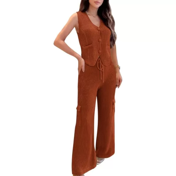 imageBTFBM Womens 2024 Summer Track Suits 2 Piece Outfits Matching Sets Ribbed Knit Button Down Cropped Vest Wide Leg PantsSolid Caramel