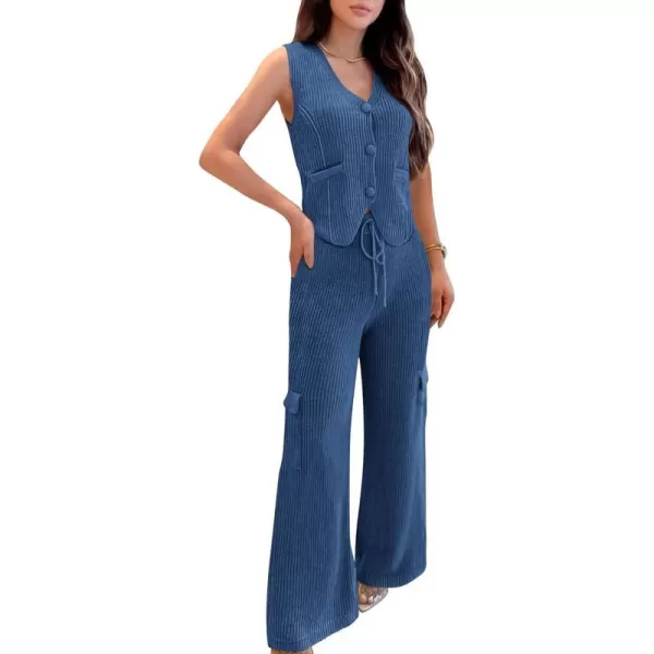 imageBTFBM Womens 2024 Summer Track Suits 2 Piece Outfits Matching Sets Ribbed Knit Button Down Cropped Vest Wide Leg PantsSolid Dark Blue