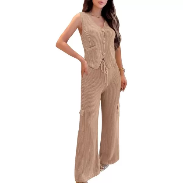 imageBTFBM Womens 2024 Summer Track Suits 2 Piece Outfits Matching Sets Ribbed Knit Button Down Cropped Vest Wide Leg PantsSolid Khaki