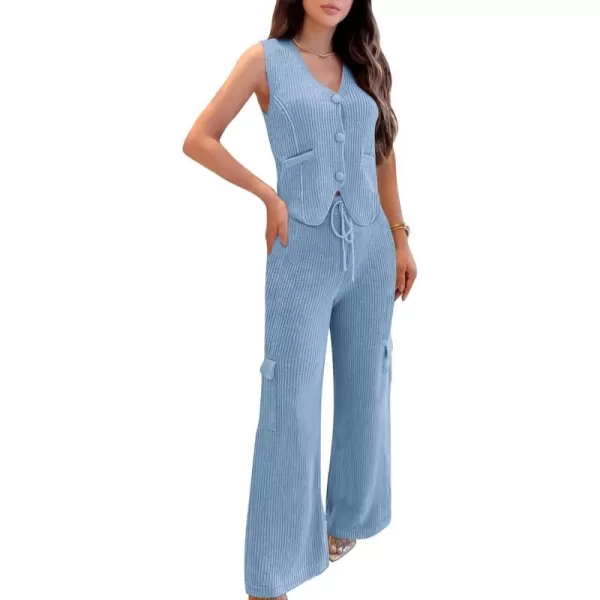 imageBTFBM Womens 2024 Summer Track Suits 2 Piece Outfits Matching Sets Ribbed Knit Button Down Cropped Vest Wide Leg PantsSolid Light Blue