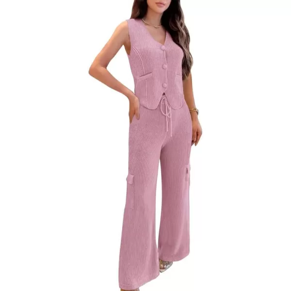 imageBTFBM Womens 2024 Summer Track Suits 2 Piece Outfits Matching Sets Ribbed Knit Button Down Cropped Vest Wide Leg PantsSolid Pink