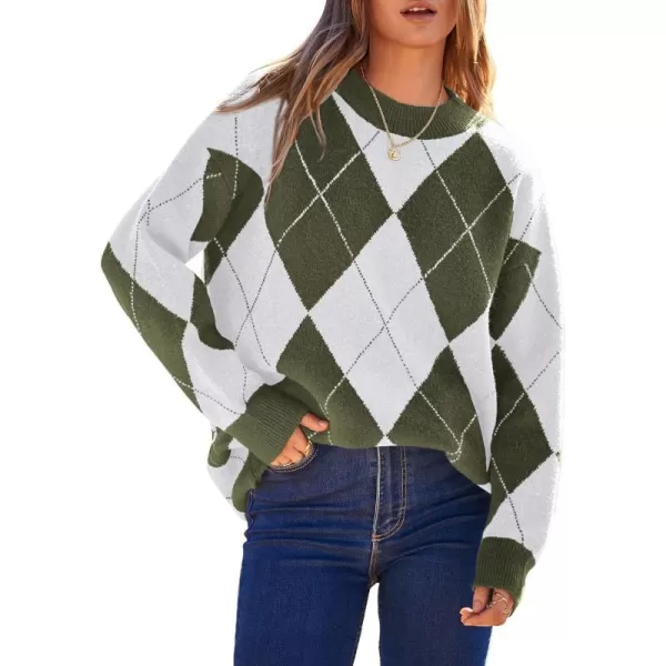 imageBTFBM Womens Argyle Plaid Pullover Crew Neck Casual Long Sleeve Christmas Sweater Oversized Fall Winter Knit Jumper TopArgyle Army Green
