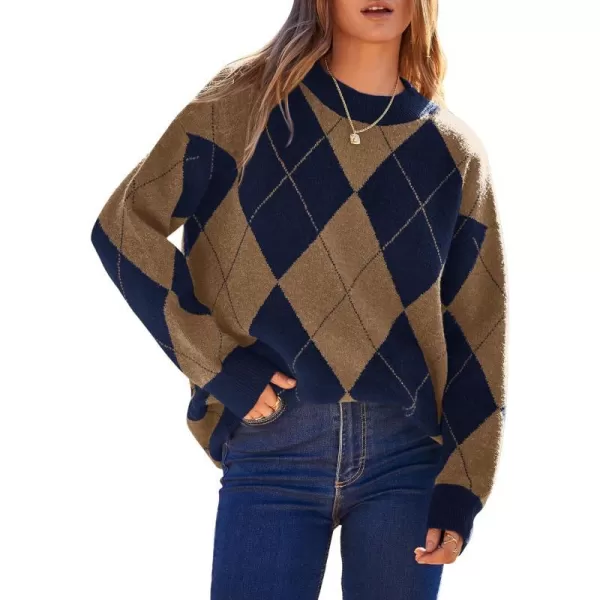 imageBTFBM Womens Argyle Plaid Pullover Crew Neck Casual Long Sleeve Christmas Sweater Oversized Fall Winter Knit Jumper TopArgyle Brown